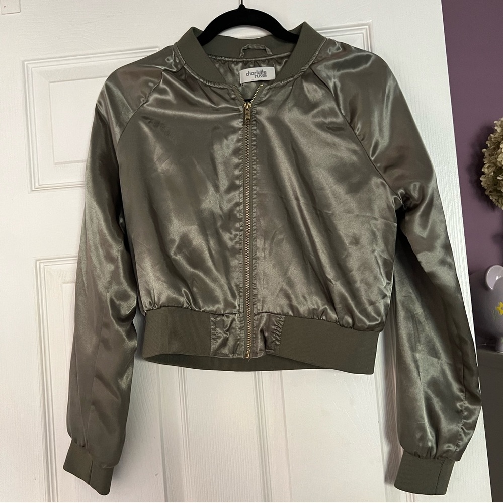 Army green silk bomber jacket